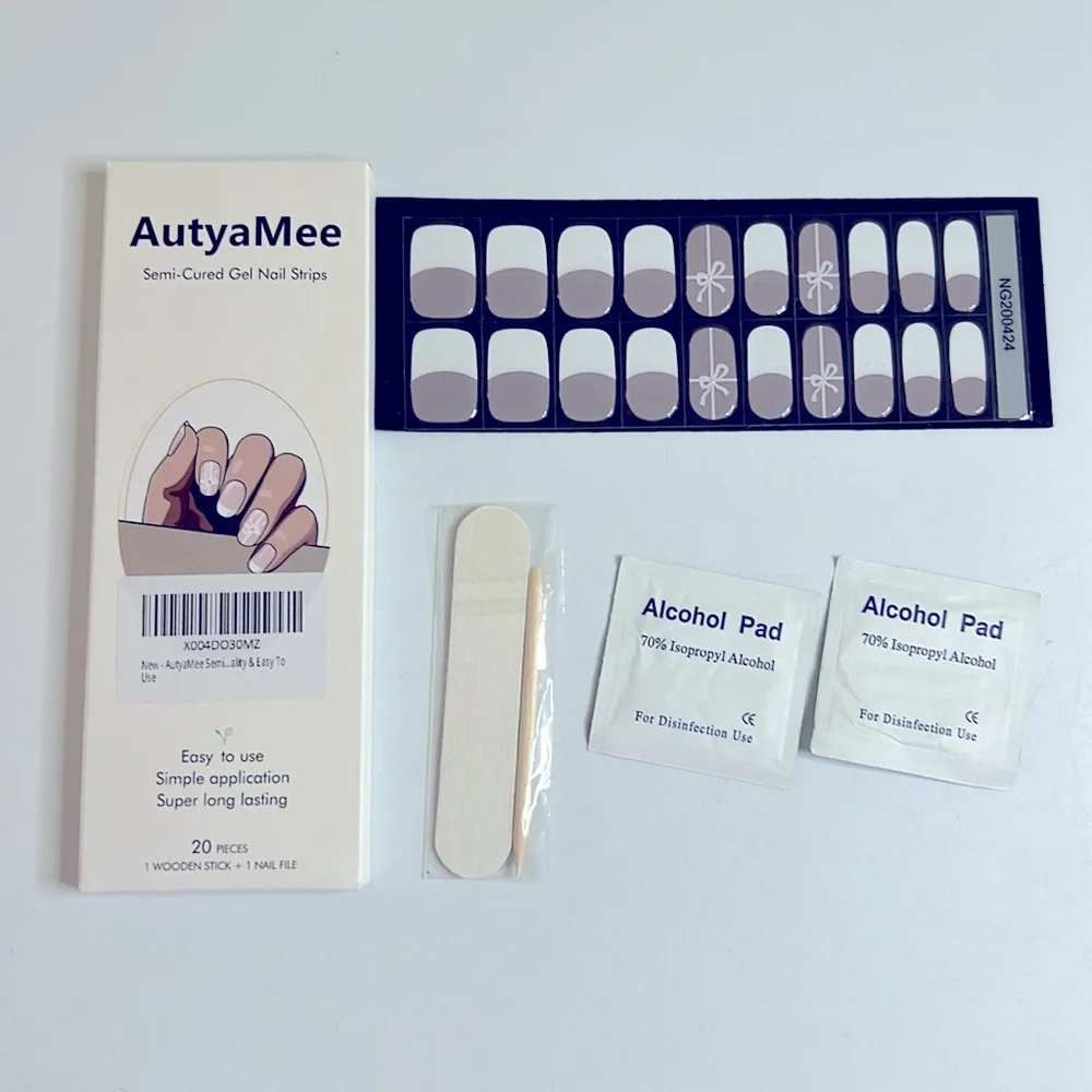 French Tip Bow Tie Semi-Cured Gel Nail Strip Set